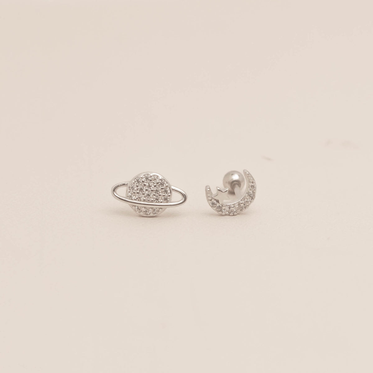 Saturn & Moon Barbell Earrings