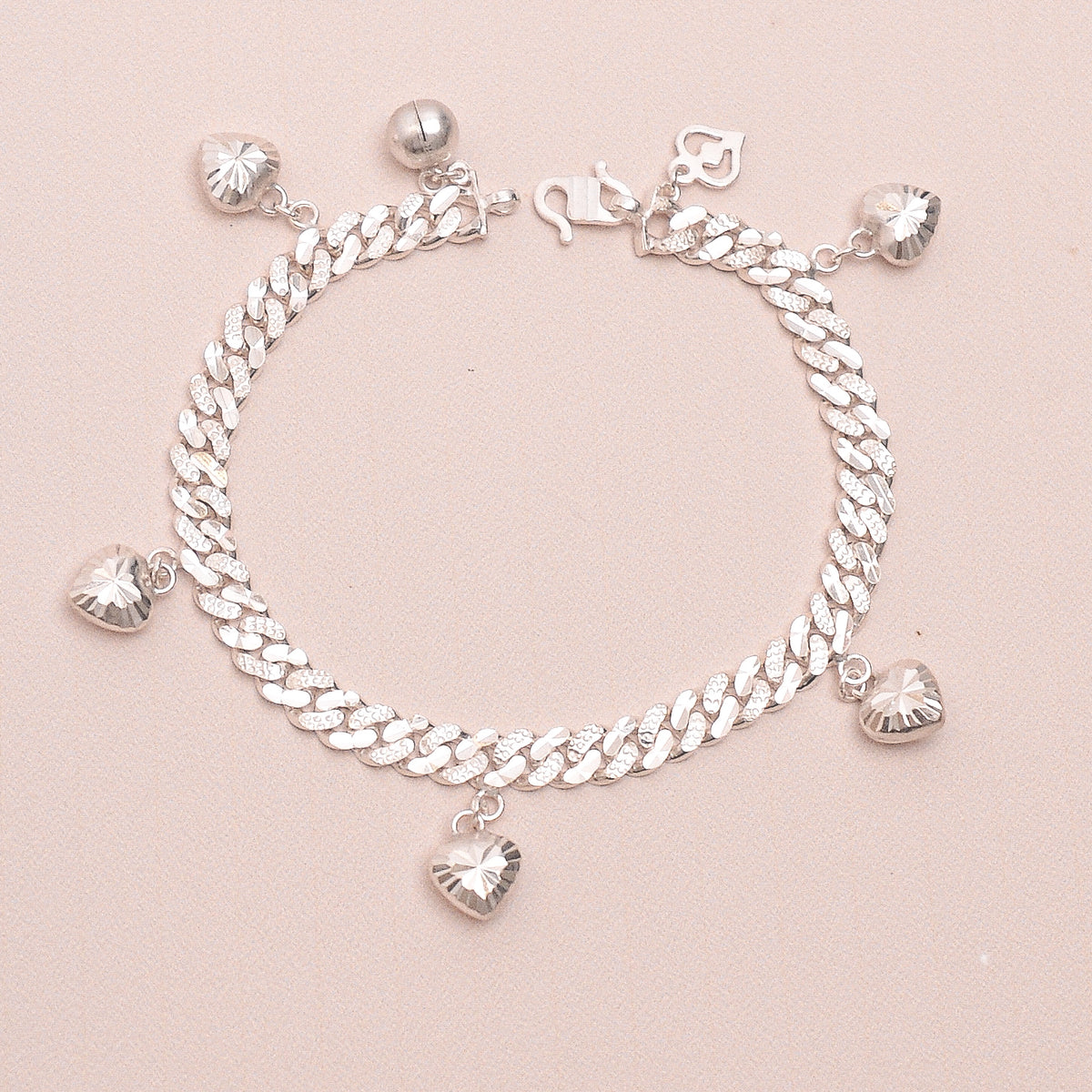Diamond Cut Curb and Floral Hearts Bracelet